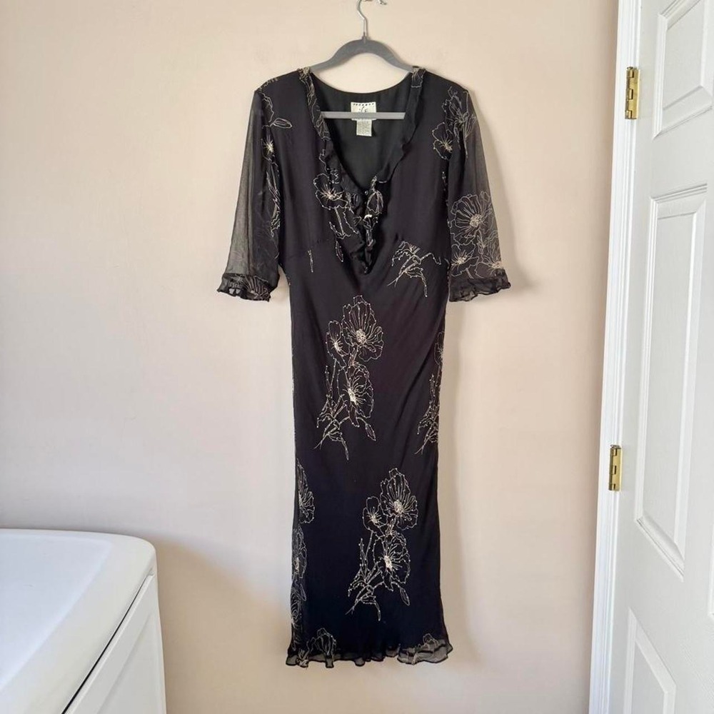 Y2K ICE 100% Silk Black Floral Beaded Midi Dress Large size 14